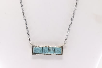 Native America Navajo Sterling Silver Kingman Turquoise Inlay Necklace By Steve Francisco.