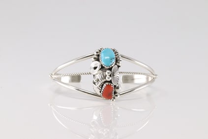 Native America Navajo Sterling Silver Coral & Turquoise Bracelet Cuff By max Calladitto.