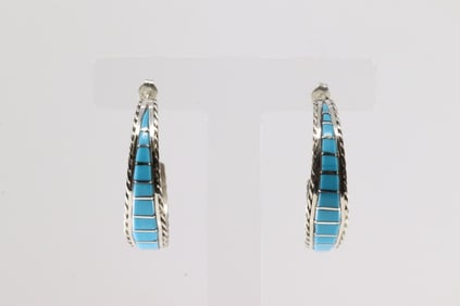 Native America Zuni Sterling Silver Turquoise Inlay Hoop Earring's By Malcolm Chavez.