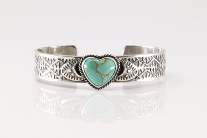 Native America Navajo Sterling Silver Kingman Heart Turquoise Bracelet Cuff By Sunshine Reeves.