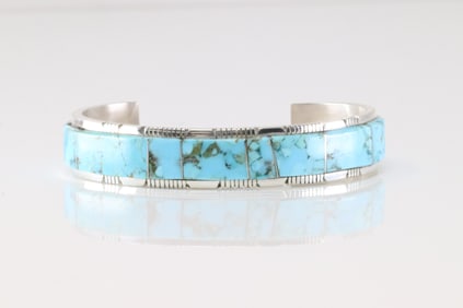 Native America Navajo Sterling Silver Kingman Turquoise Inlay Bracelet Cuff By Steve Francisco.