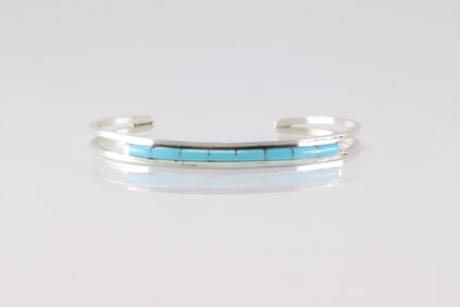 Native America Zuni Sterling Silver Turquoise Inlay Bracelet Cuff By A.L.W.
