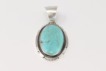 Native America Navajo Sterling Silver Kingman Turquoise Pendant By Alfred Martinez.