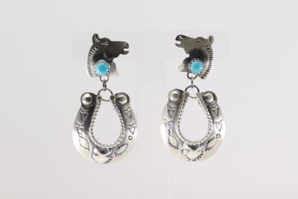 Native America Navajo Sterling Silver Turquoise Horse Head Post / Dangling Earring's By Tim Yazzie.