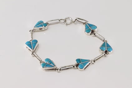 Native America Zuni Sterling Silver Turquoise Heart Inlay Bracelet Link By RVN.