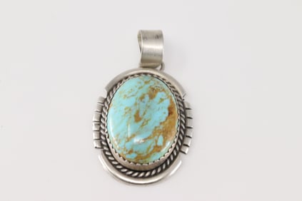 Native America Navajo Sterling Silver Kingman Turquoise Pendant By Freda Martinez.