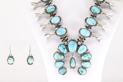 Native America Navajo Sterling Silver Sonora Gold Turquoise Squash Blossom Necklace & Earring's Set