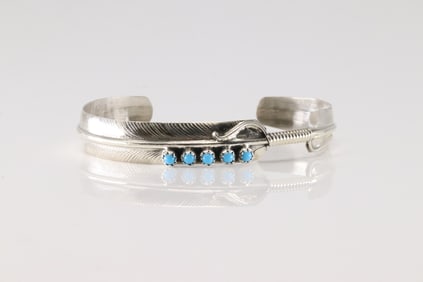 Native America Navajo Sterling Silver Turquoise Feather Bracelet By A.