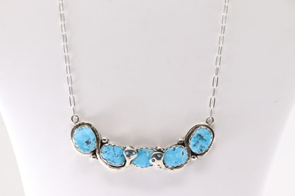 Native America Zuni Sterling Silver Turquoise Necklace By Effie C.