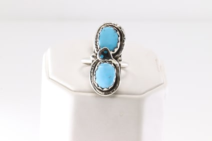 Native America Zuni Sterling Silver Turquoise Ring 2 Stone By Effie C.