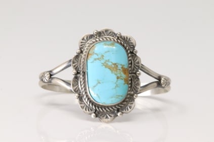 Native America Navajo Sterling Silver Kingman Turquoise Bracelet Cuff By James Jr.