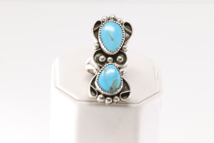 Native America Navajo Sterling Silver Turquoise Ring 2 Stone By Rena Shelly.