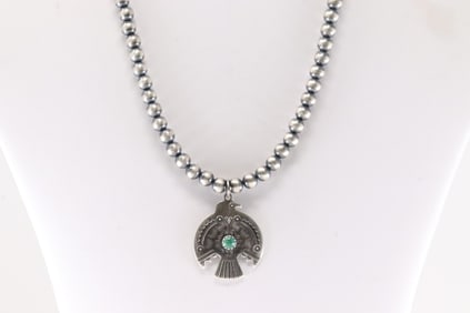 Native America Navajo Sterling Silver Turquoise Thunderbird Pendant & Pearl Beaded Necklace.