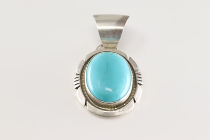 Native America Navajo Sterling Silver Kingman Turquoise Pendant By Alfred Martinez.