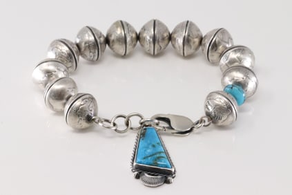 Native America Navajo Sterling Silver Kingman Turquoise Liberty Dime Bracelet Link By James McCabe.