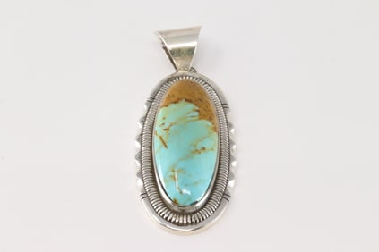 Native America Navajo Sterling Silver Kingman Turquoise Pendant By Walter Vendever.