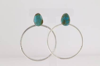 Native America Navajo Sterling Silver Turquoise Hoop / Dangling Earring's By Verley Betone.