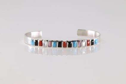Native America Navajo Sterling Silver Multi-Color Stone Bracelet Cuff.