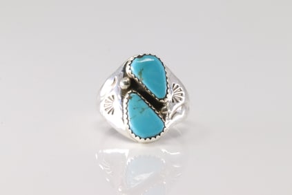 Native America Zuni Sterling Silver Coral & Turquoise Ring By M.L.