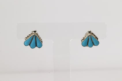 Native America Zuni Sterling Silver Turquoise Inlay Post Earring's By Arlene / Esther Niiha.