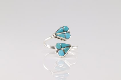 Native America Zuni Sterling Silver Turquoise Inlay Heart Ring By RVN.