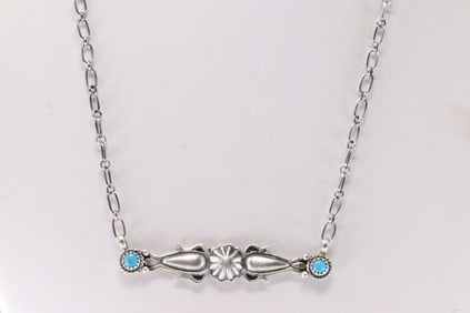 Native America Navajo Sterling Silver Turquoise Necklace By Marita Benally.