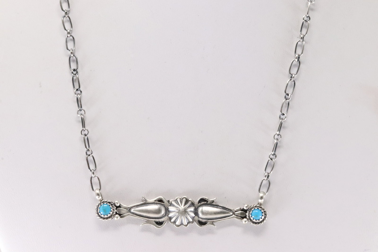 Native America Navajo Sterling Silver Turquoise Necklace By Marita Benally.: This is a Native America Navajo Sterling Silver Turquoise Necklace By Marita Benally. Necklace length: 16.00"