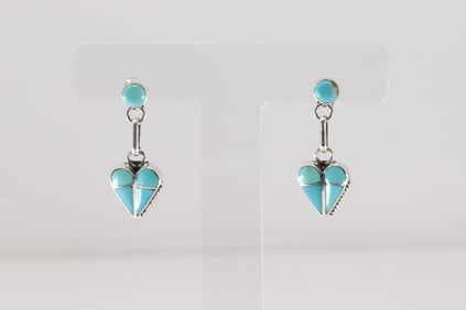 Native America Zuni Sterling Silver Kingman Turquoise Inlay Heart Post / Dangling Earring's By Velda