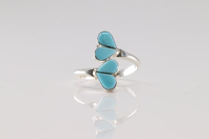 Native America Zuni Sterling Silver Turquoise Inlay Heart Ring By Linda Chavez.