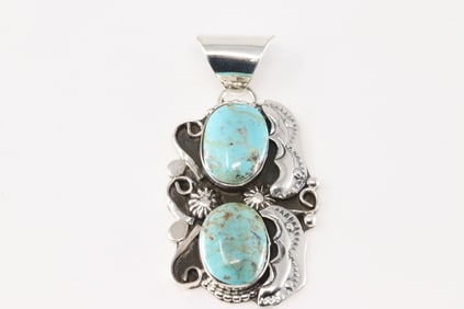 Native America Navajo Sterling Silver Turquoise Pendant By Jonathan Bahe.