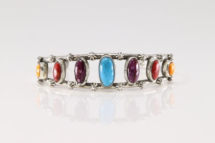 Native America Navajo Sterling Silver Kingman Multicolor Bracelet Cuff By Y.A.