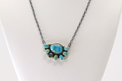 Native America Navajo Sterling Silver Turquoise Necklace By Geraldine James.