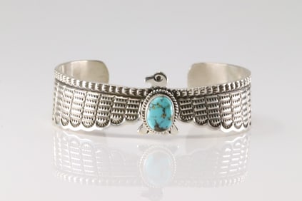 Native America Navajo Sterling Silver Kingman Turquoise Thunderbird Braelet Cuff By Darrell Cadman.