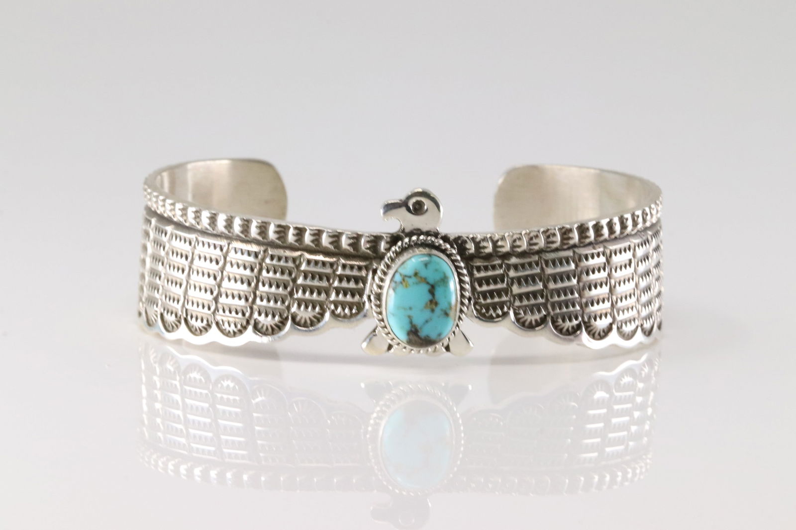Native America Navajo Sterling Silver Kingman Turquoise Thunderbird Braelet Cuff By Darrell Cadman. (1 of 4)