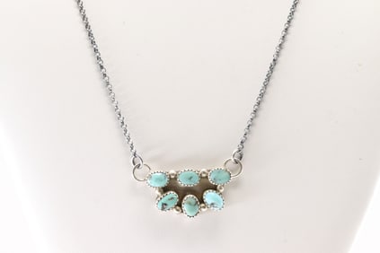 Native America Navajo Sterling Silver Kingman Turquoise Necklace By Maxine Ramirez.