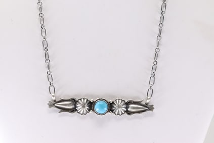 Native America Navajo Sterling Silver Turquoise Necklace By Marita Benally.