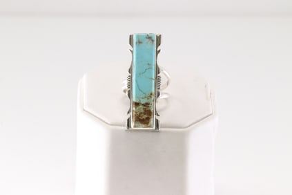 Native America Navajo Sterling Silver Kingman Turquoise Ring By S.F.