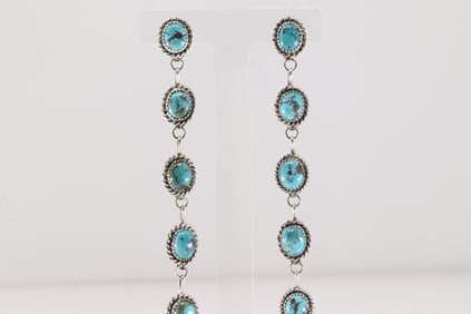 Native America Navajo Sterling Silver Kingman Turquoise Post / Dangling Earring's By Maxine Ramirez.