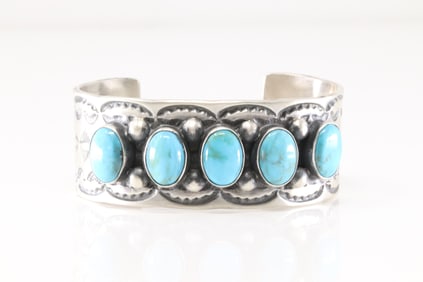 Native America Navajo Sterling Silver Kingman Turquoise Bracelet Cuff By Juan G.