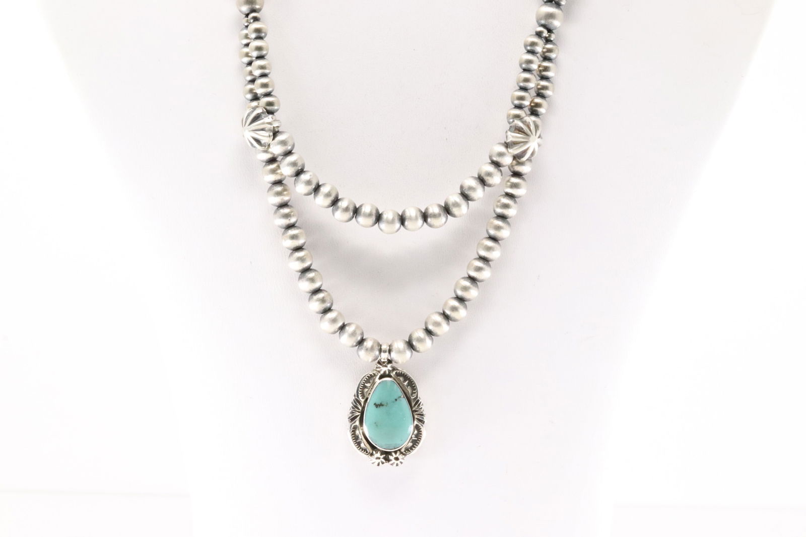 Native America Navajo Sterling Silver Double Pearl Beaded Turquoise Necklace By Lucinda Sardo. (1 of 4)