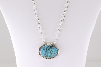 Native America Navajo Sterling Silver Turquoise Necklace By Leroy Silversmith.