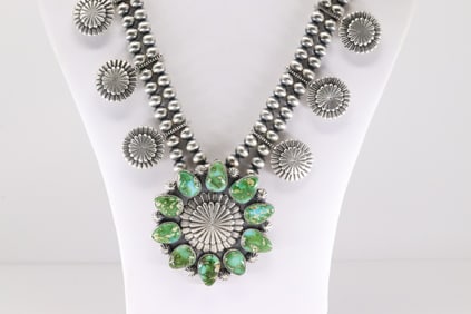 Native America Navajo Sterling Silver Sonora Gold Turquoise Necklace By Tom Lewis.