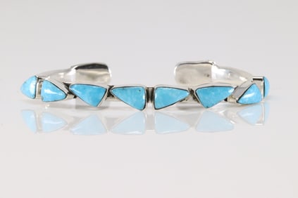Native America Navajo Sterling Silver Turquoise Bracelet Cuff By Sadie Jim.