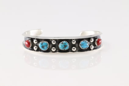 Native America Navajo Sterling Silver Coral & Turquoise Bracelet Cuff By Paul Largo.