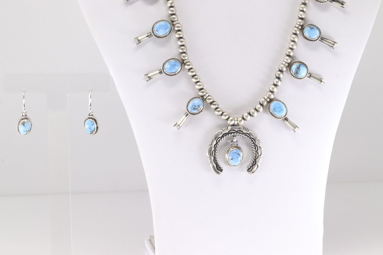 Native America Navajo Sterling Silver Golden Hill Turquoise Baby Squash Blossom Necklace & Earring's: This is a Native America Navajo Sterling Silver Golden Hill Turquoise Baby Squash Blossom Necklace & Earring's Set By S.H. Necklace length: 20.00"