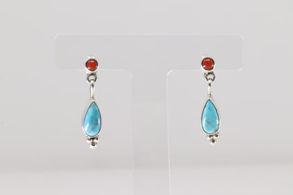 Native America Navajo Sterling Silver Coral & Turquoise Post / Dangling Earring's By Gary Shorty.