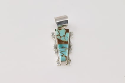 Native America Navajo Sterling Silver Kingman Turquoise Pendant By SF.