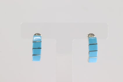 Native America Zuni Sterling Silver Turquoise Inlay Post Earring's By Gilbert Kanesta.