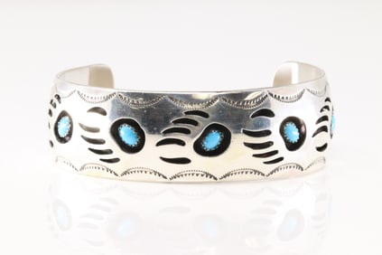 Native America Navajo Sterling Silver Turquoise 7 Stone Bracelet Cuff By Pearlene Spencer Talley.