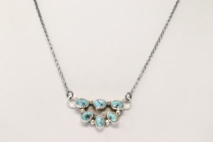 Native America Navajo Sterling Silver Kingman Turquoise Necklace By Maxine Ramirez.